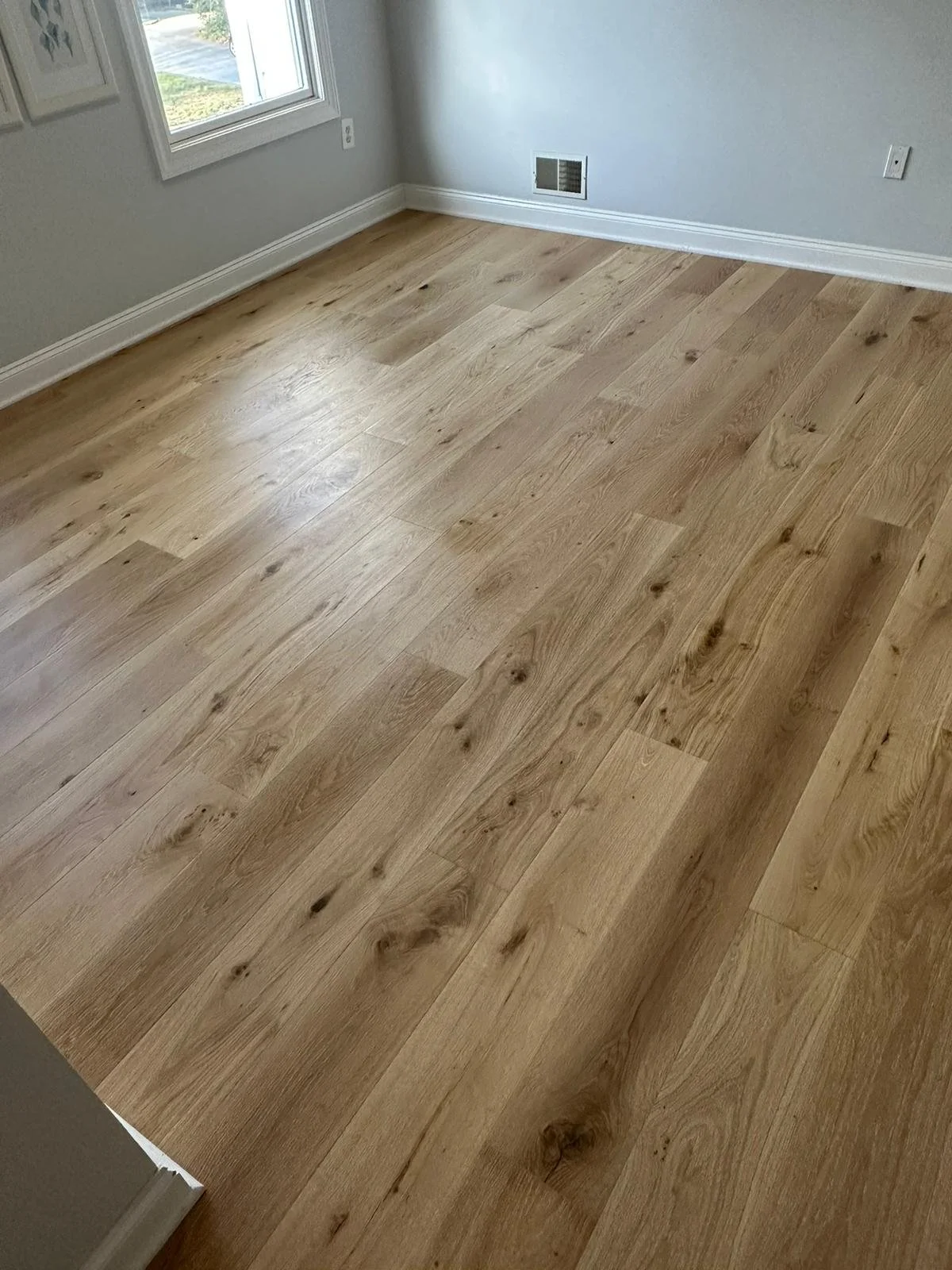 Room with light hardwood floor, window, and gray walls.