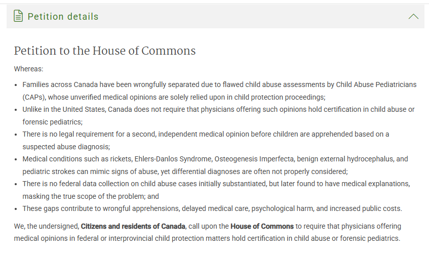 Petition to the House of Commons about child abuse assessments in Canada.