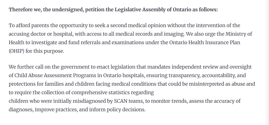 Text from a petition or official document addressing the Ontario Legislative Assembly, calling for improved medical records access for parents, increased investigation of child abuse cases, and better oversight of child abuse assessment programs in Ontario hospitals.