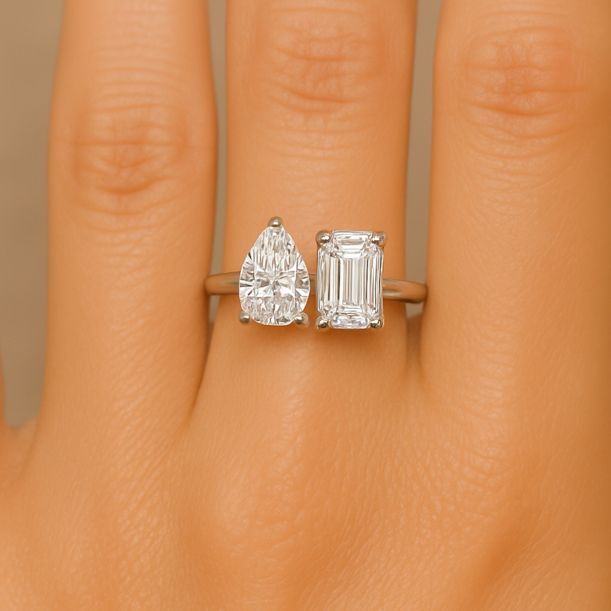 8.0 Carat Emerald-Cut and Pear-Cut Duo Moissanite Engagement Ring 18K Solid White Gold - Bianca