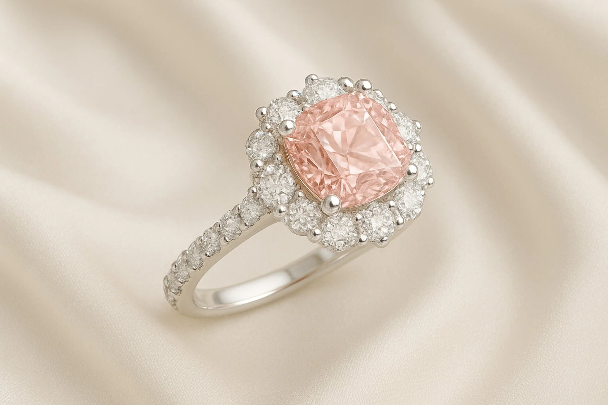 Elegant silver ring with a large pink gemstone in the center, surrounded by smaller clear diamonds, resting on cream-colored satin fabric.