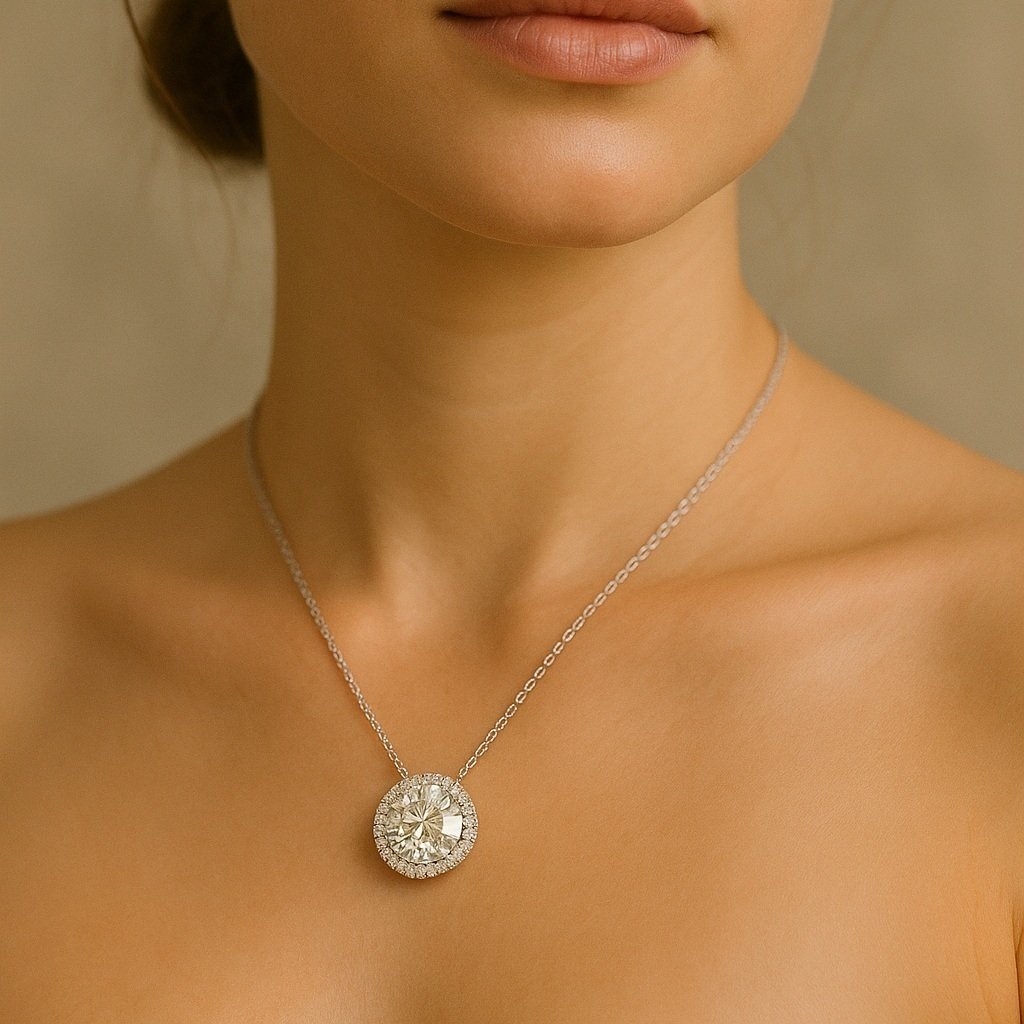 5.0 Carat Round-Cut Halo Moissanite Pendant Necklace | 18K White Gold Vermeil | Larisa