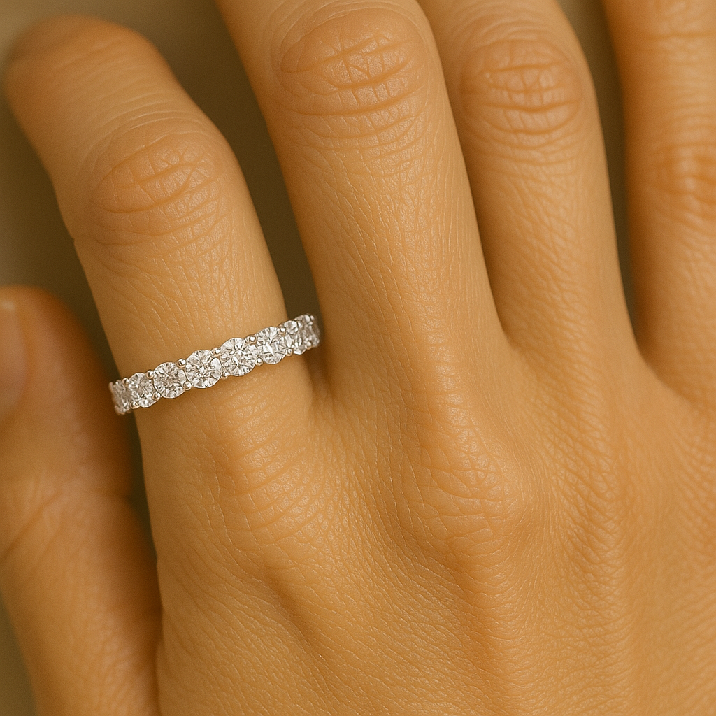 Brittany moissanite 18k white gold plated eternity band. Round brilliant stones