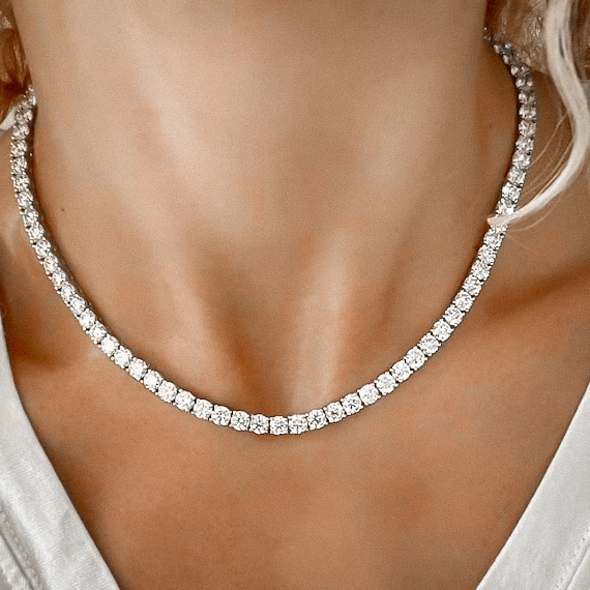 33ct. Round Brilliant 4mm Tennis Necklace in 18K White Gold Vermeil Moissanite - Fiona