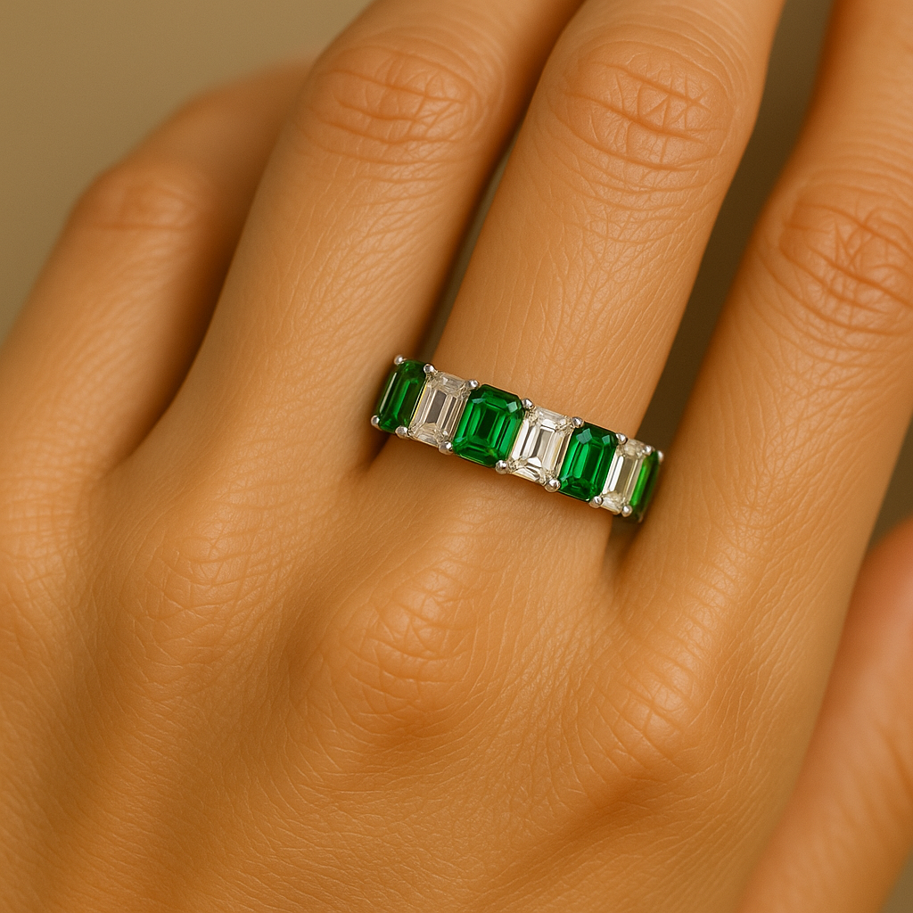 5.5 Carat Emerald-Cut Green and White Moissanite Eternity Ring 18K White Gold Vermeil - Maggie