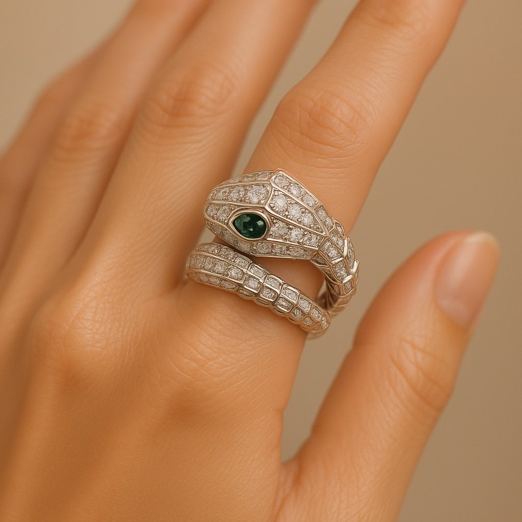 White Gold Serpent Moissanite Statement Cocktail Ring 18K White Gold Vermeil - Candy