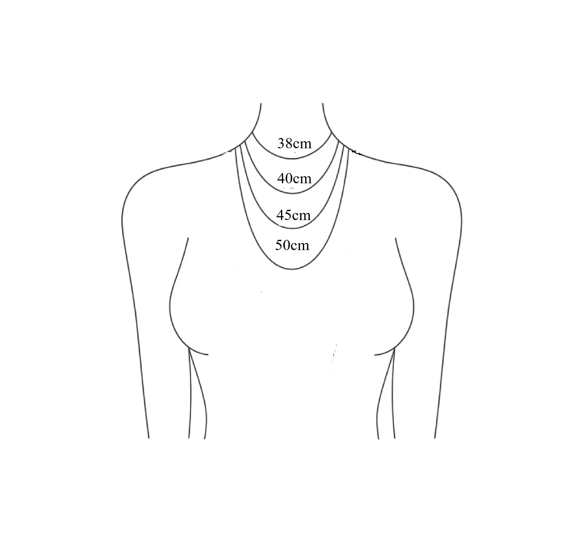 Line drawing of a woman's upper torso with four concentric necklaces marked 38cm, 40cm, 45cm, and 50cm in length.