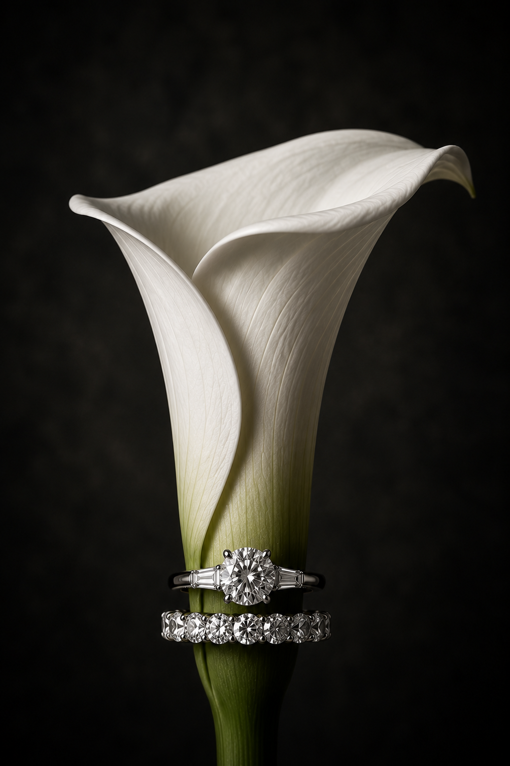 A white calla lily flower with two diamond rings at the base, set against a dark background.