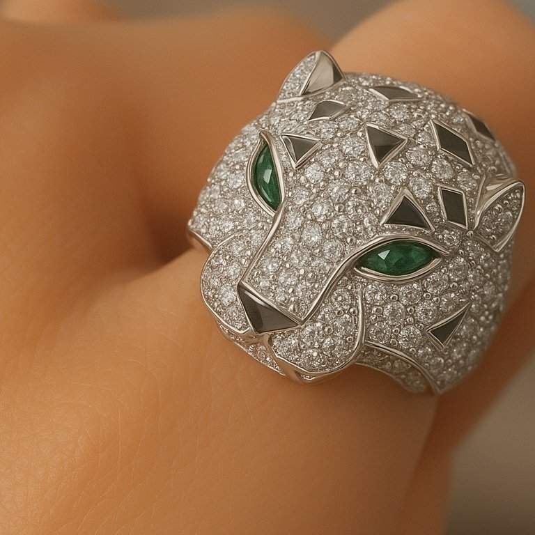 Roaring Panther Head Moissanite Statement Cocktail Ring 18K White Gold Vermeil - Tallulah