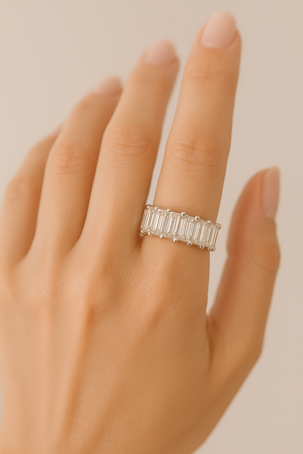 8.0 Carat Emerald-Cut Moissanite Eternity Ring 18K Solid White Gold - Vicki