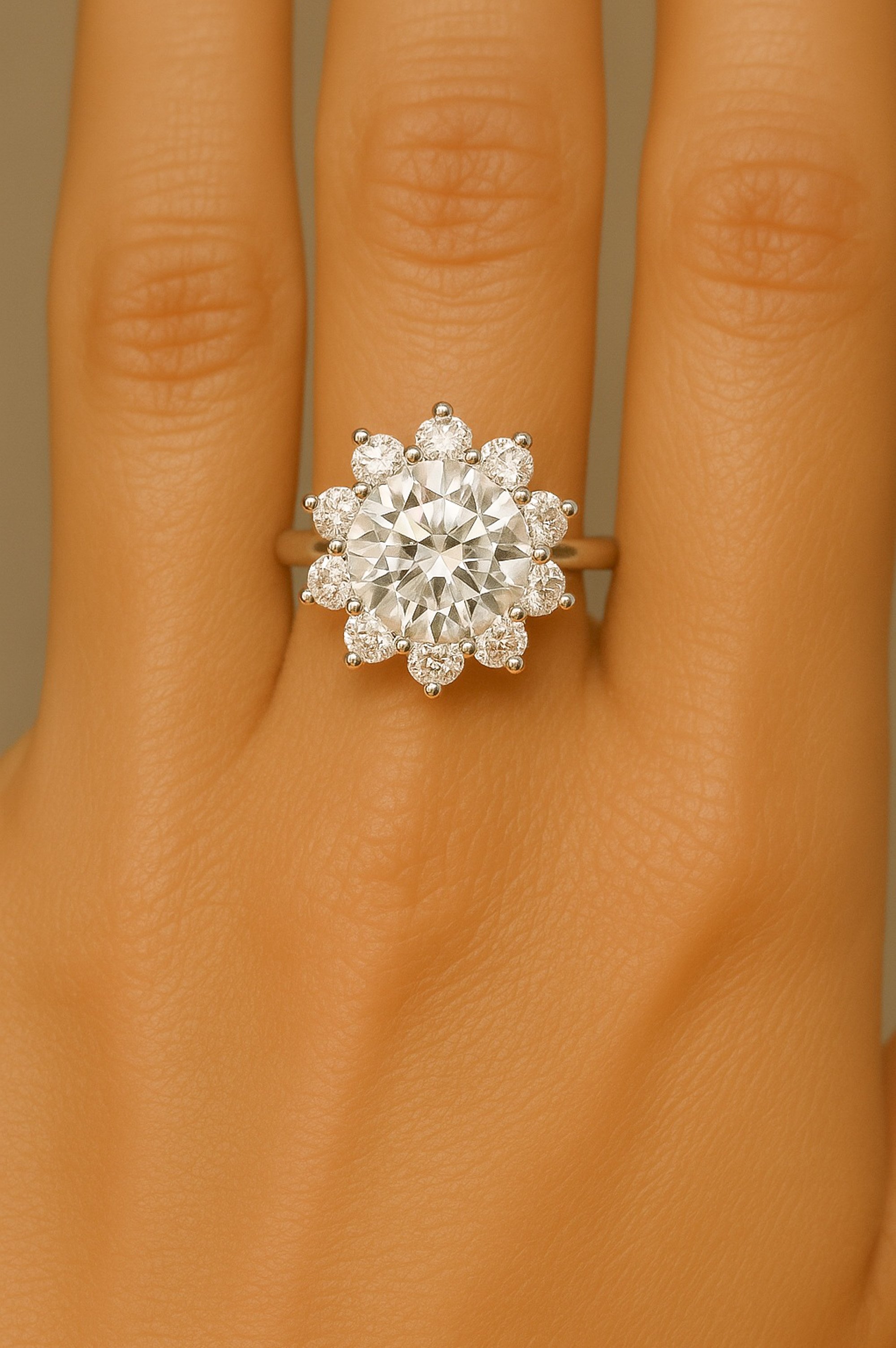 13.0 Carat Flower Design Round-Cut Moissanite Engagement Ring 18K Solid White Gold - Mercy