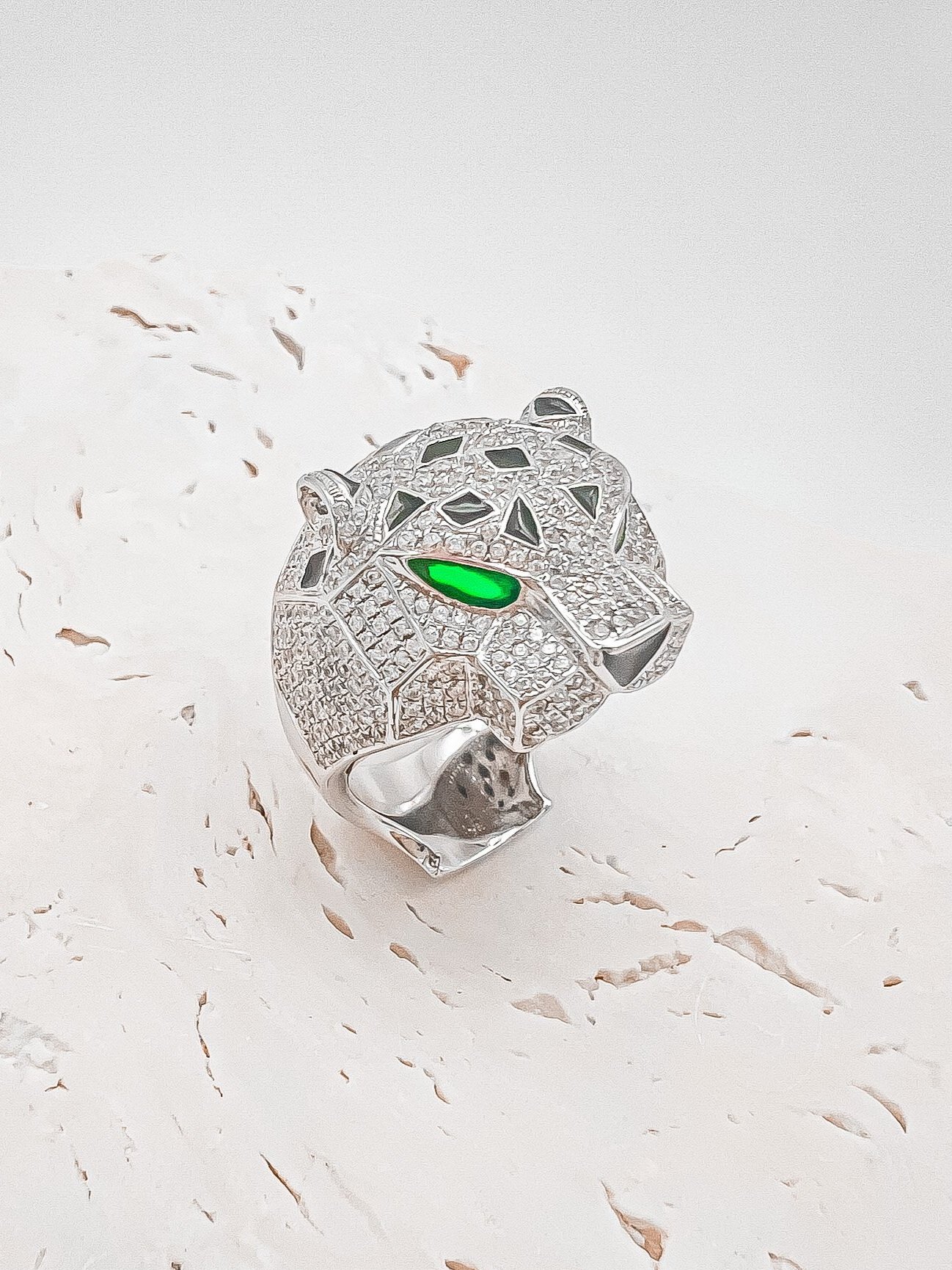Roaring Panther Head Moissanite Statement Cocktail Ring 18K White Gold Vermeil - Tallulah