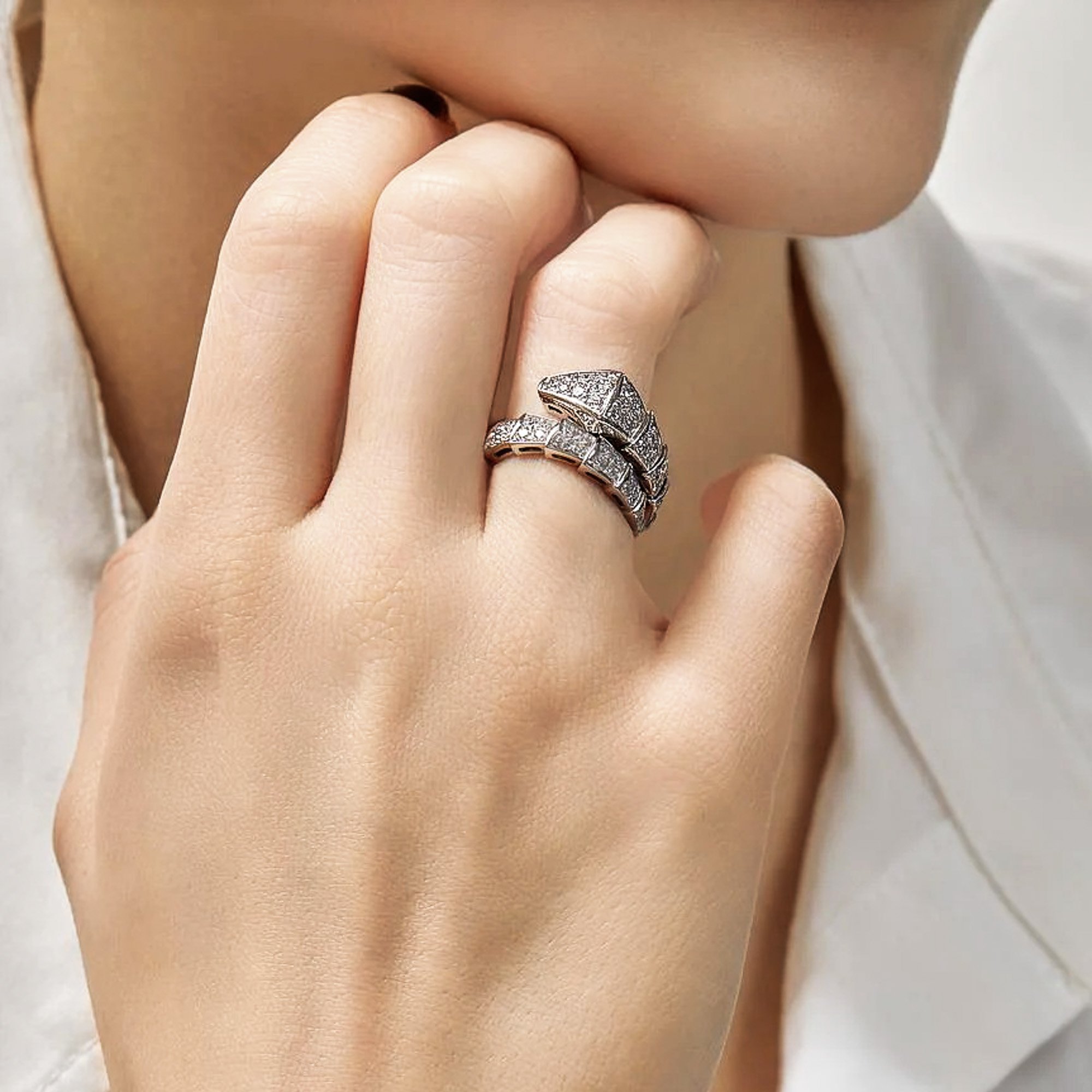 Serpent Wrap-Around Moissanite Statement Cocktail Ring 18K White Gold Vermeil - Janet