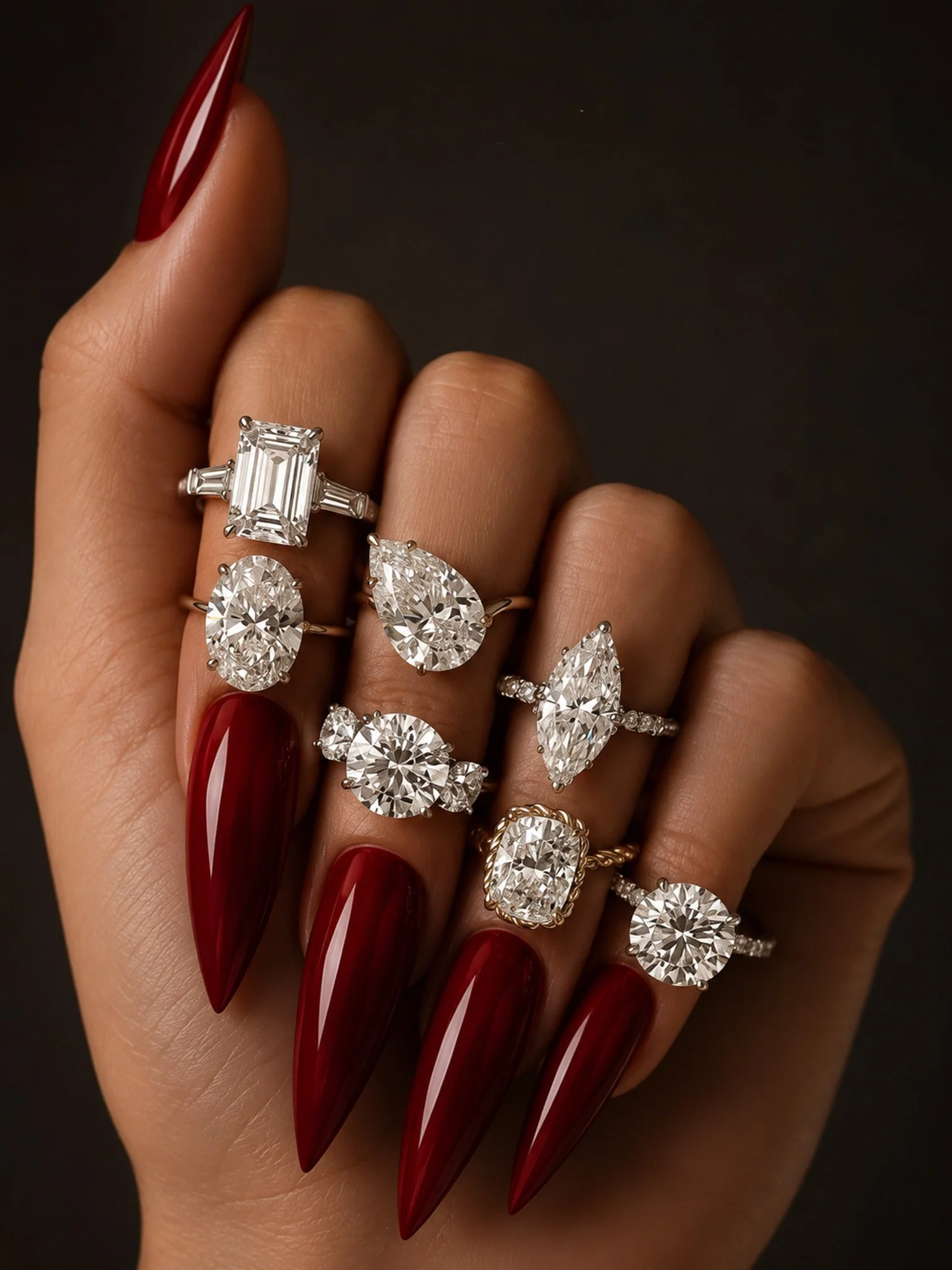 Close-up of a hand with long, dark red, glossy, pointed nails holding several diamond rings with large, sparkling gemstones.