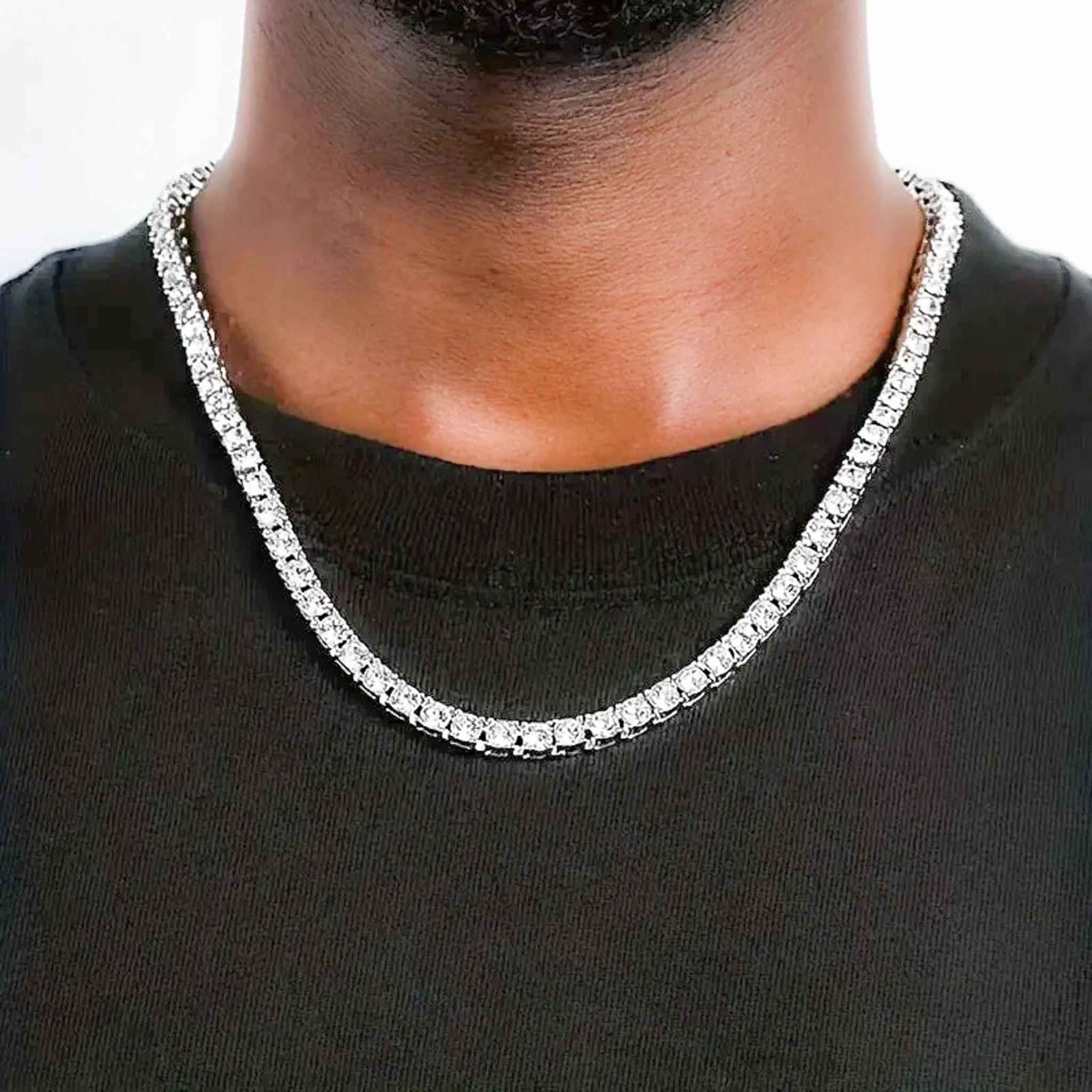44ct. Mens Round Brilliant 5mm Moissanite Tennis Necklace in 18K White Gold Vermeil Plated - Elias