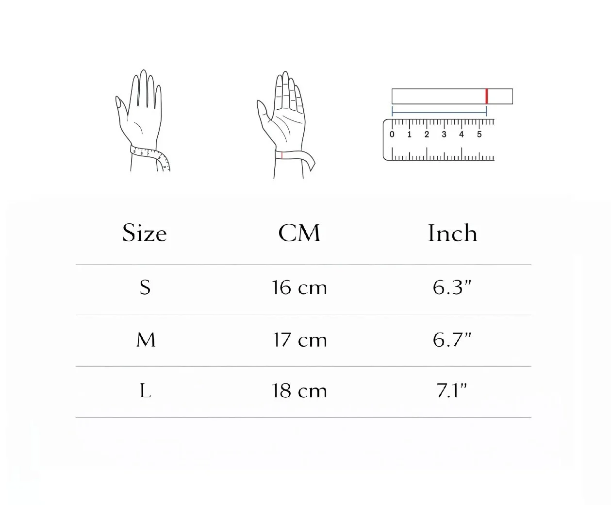 Chart displaying glove sizes with illustrations of a hand measuring the circumference, a detailed hand with measurement, and a ruler. Sizes include Small 16 cm (6.3 inches), Medium 17 cm (6.7 inches), and Large 18 cm (7.1 inches).