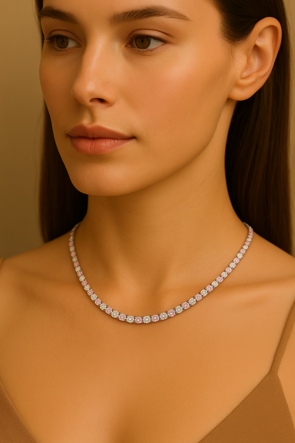 27.0 carat Round-Cut Pink and White Lab-Grown Diamond Tennis Necklace 18K Solid White Gold - Laura