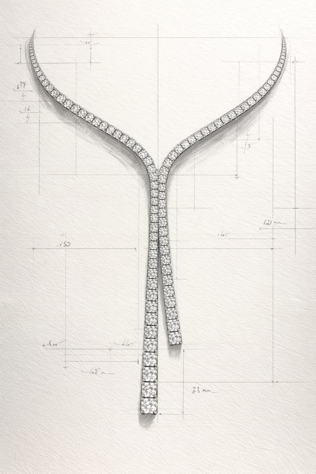 Sketch of a diamond necklace with detailed measurements and design elements.