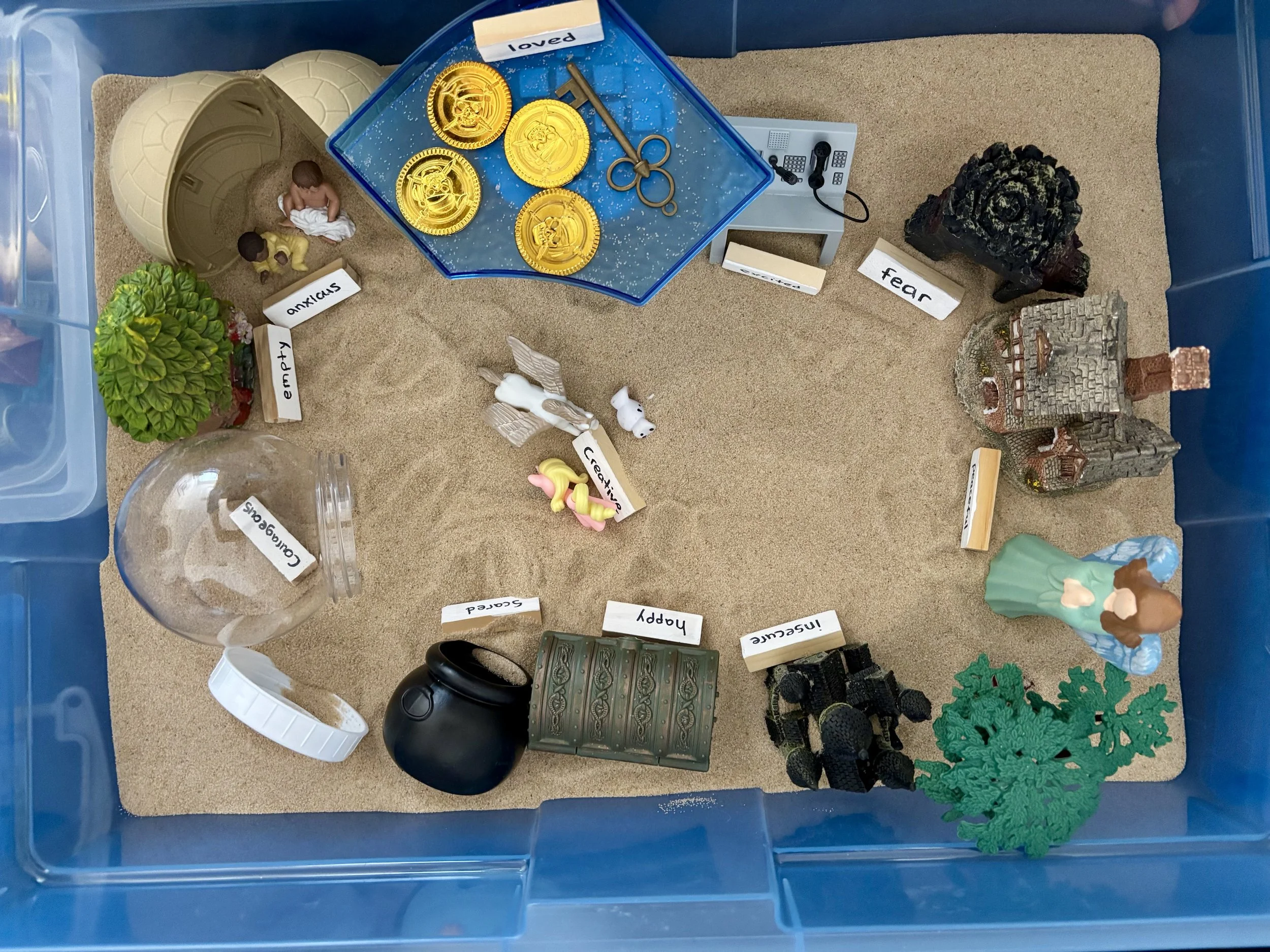 A plastic container filled with sand, containing toy figures and props arranged to depict a scene with labels like 'empathy', 'sadness', 'fear', 'joy', 'anger', and 'disgust', representing emotions. There are small figures, a tree, a castle, coins, and signs with emotion names.