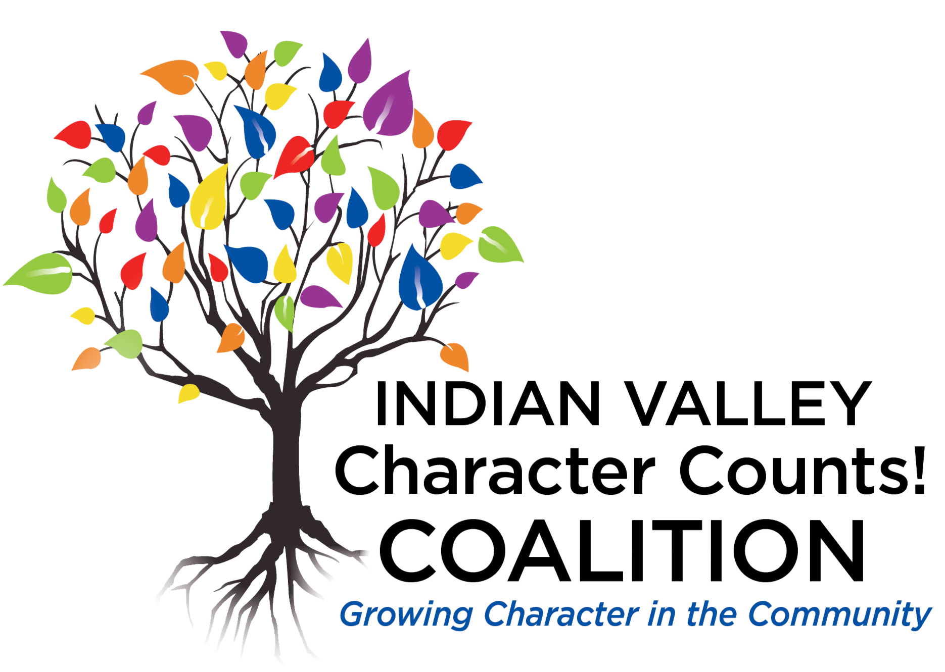 A tree with colorful leaves, representing the Diana Bailey Character Counts organization, with the slogan 'Growing Character in the Community' at the bottom.