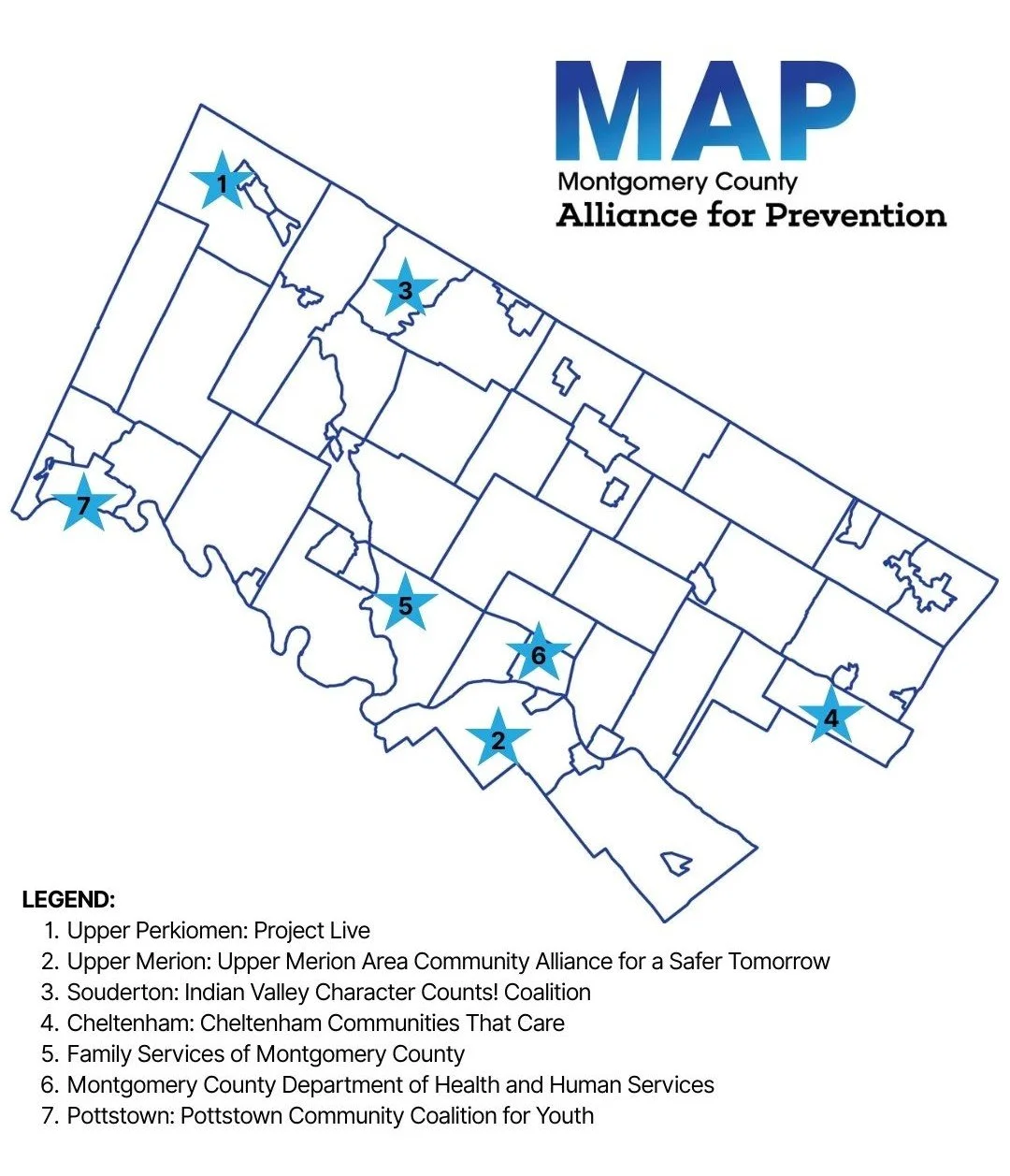 Montgomery County Alliance for Prevention Map with Coalition Stars
