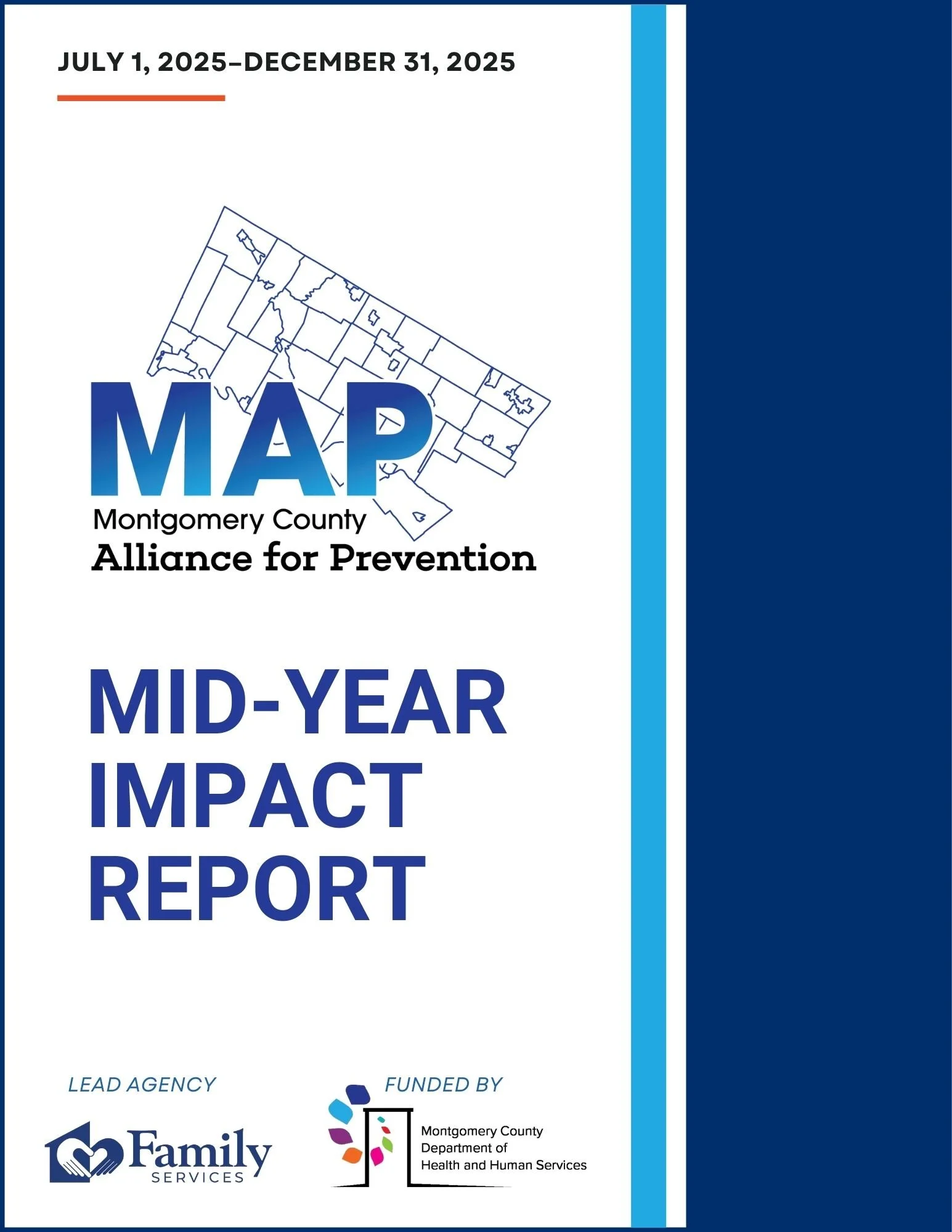 Cover page of the Montgomery County Alliance for Prevention Mid-Year Impact Report, dated July 1, 2025, to December 31, 2025, featuring a map outline of Montgomery County, with logos of Family Services and Montgomery County Department of Health and Human Services.