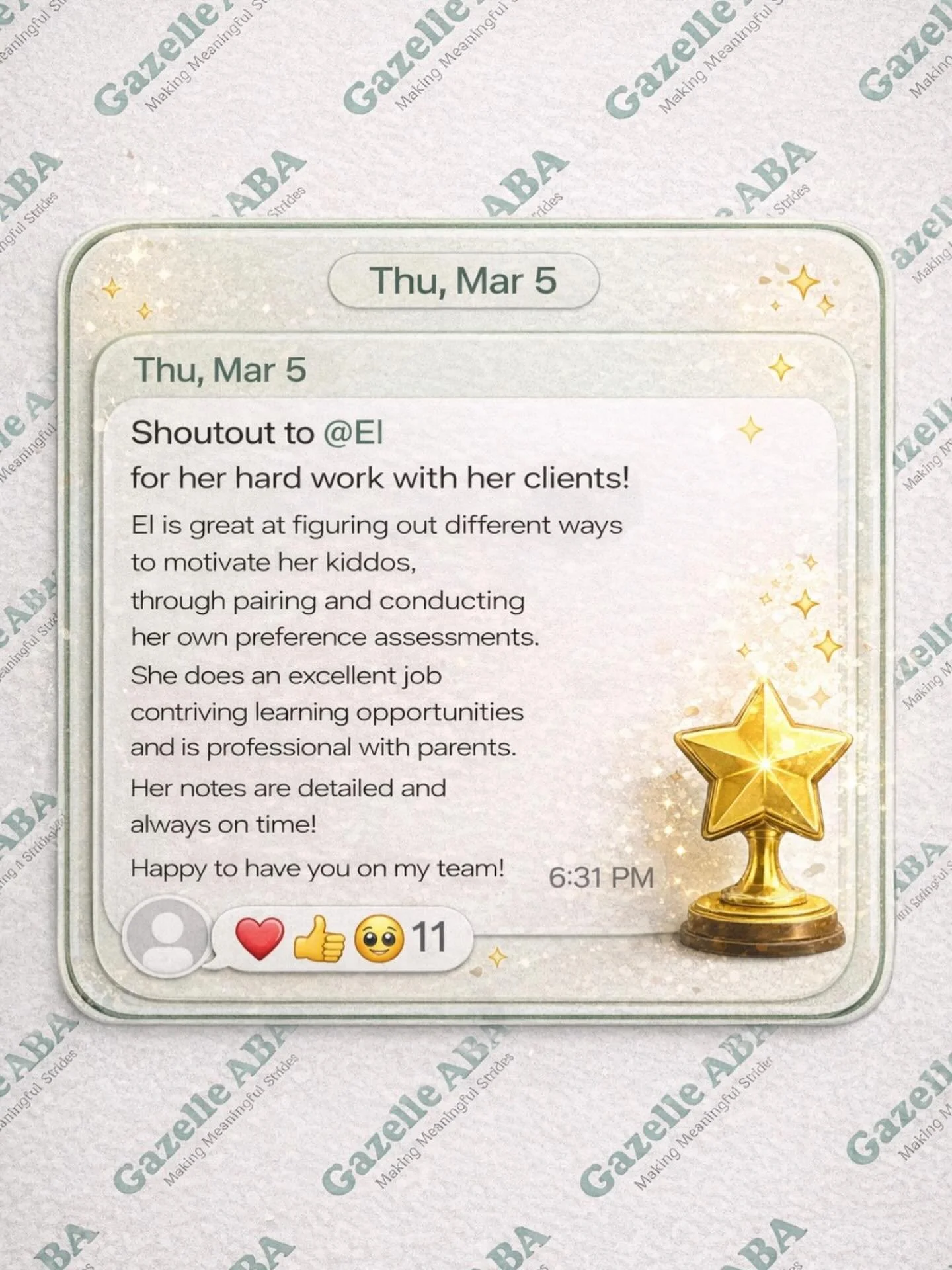 This is what it looks like when a team celebrates each other 💬💚✨

Shoutout to El 👏🌟💫

#gazelleABA #ABATherapy #RBTStrong #MakingMeaningfulStrides