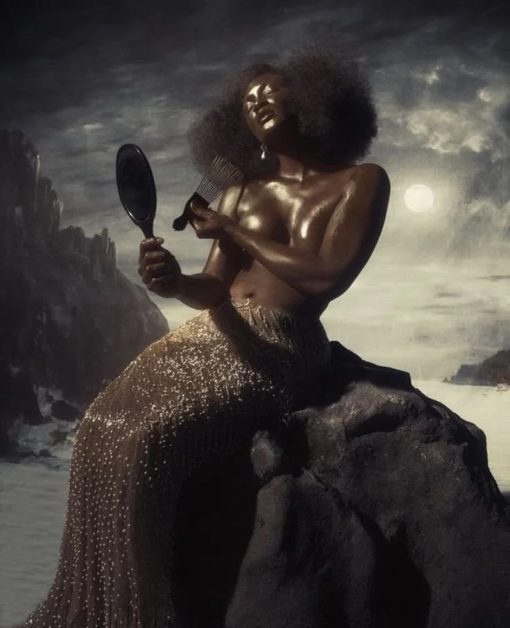 A woman with dark, curly hair, sitting on a rock by the water, holding a mirror and a hairbrush, under a moonlit sky with clouds.