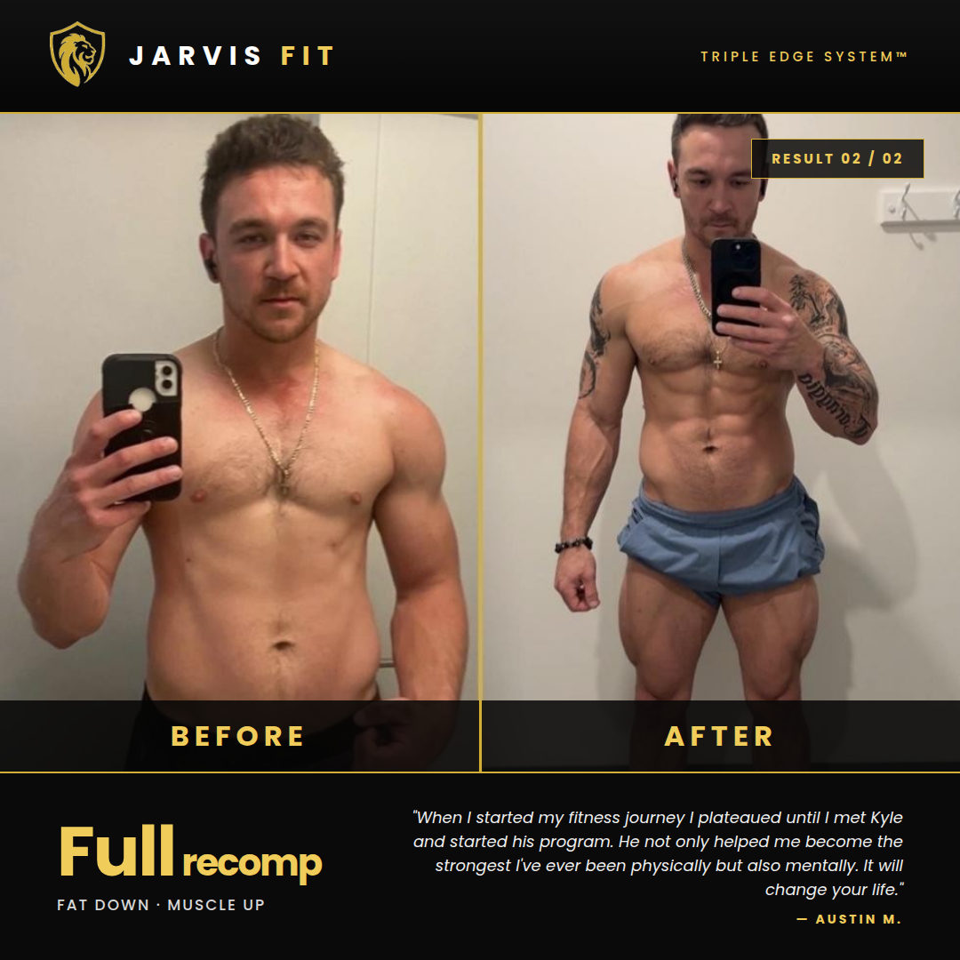 Side-by-side comparison of a man before and after a fitness transformation. In the before photo, he is shirtless with a slight muscular build. In the after photo, he shows significant muscle gain, defined abs, and tattoos on his arms and chest, wearing gray shorts and taking a selfie in front of a mirror.