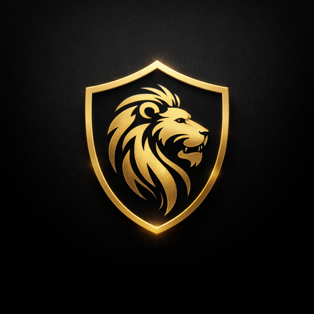 Gold lion emblem inside a shield on a black background.