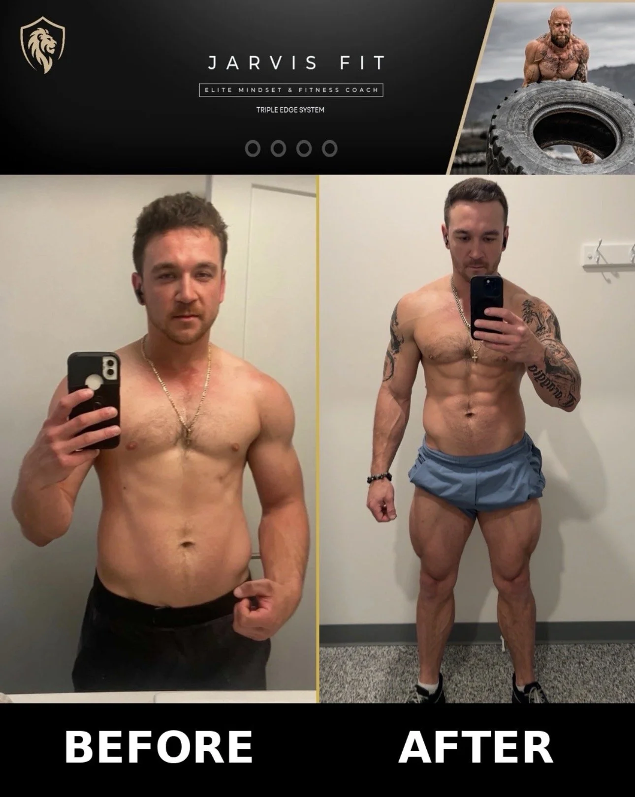 Side-by-side comparison photo showing a shirtless man taking mirror selfies in a gym or locker room, with the left labeled 'Before' and the right labeled 'After'. The 'Before' photo shows the man with a softer physique, while the 'After' photo shows the same man with a more muscular, defined physique. The top part of the image includes a logo, the name 'Jarvis Fit', and the description 'Elite Mindset & Fitness Coach' with a tire and a bald, muscular man in the background.