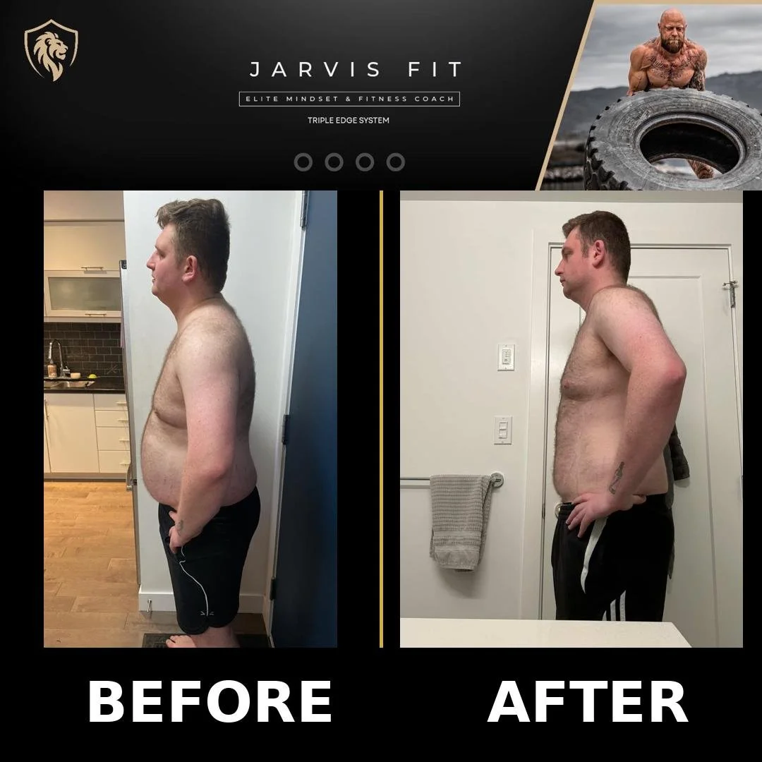 Side-by-side comparison of a man before and after weight loss, with the label 'BEFORE' below the left image and 'AFTER' below the right image, showing significant body transformation.