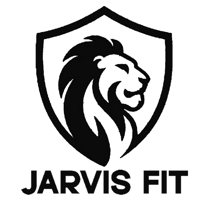 A black logo featuring a lion's head within a shield, with the text "JARVIS FIT" beneath.