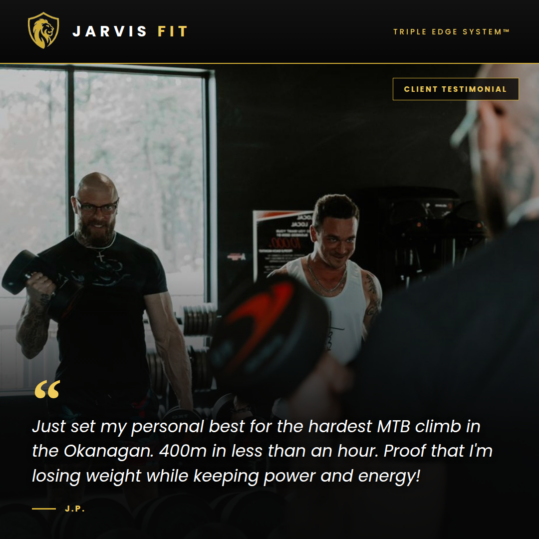 Two men lifting dumbbells in a gym with another person in the foreground. The image is part of a promotional or testimonial page for Jarvis Fit, which specializes in a fitness system called Triple Edge System. The men appear to be proud and smiling, likely sharing a success story related to their workouts.
