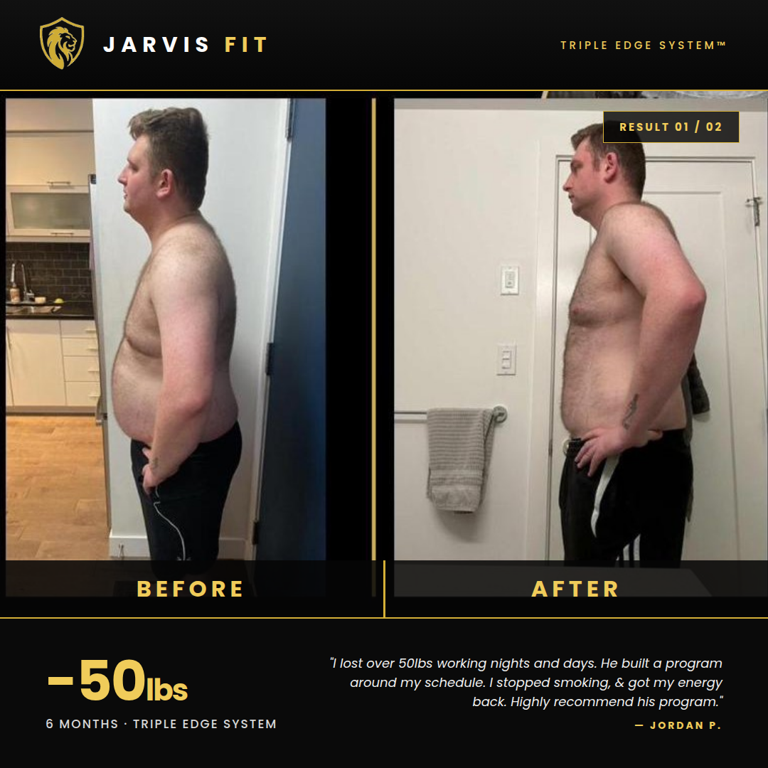 Side-by-side before and after photos of a man showing weight loss progress, with a black background and yellow text indicating "Before" and "After". Showing he lost 50lbs in 6 months.