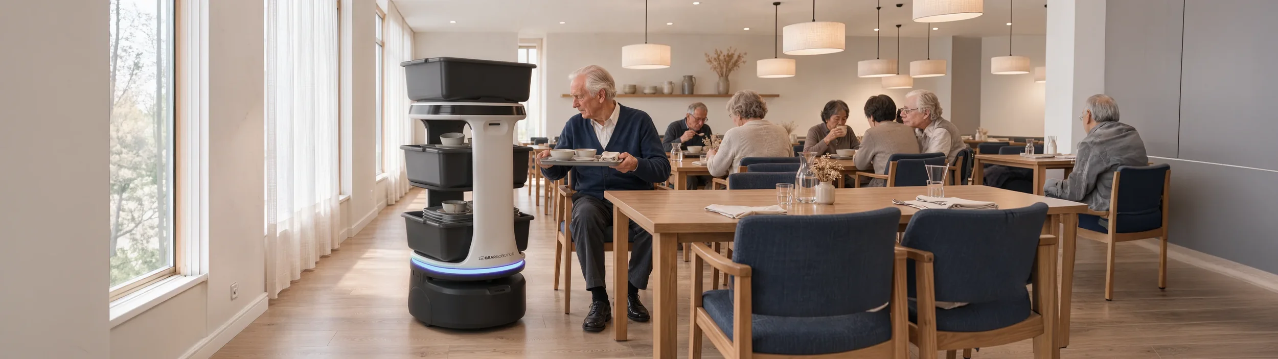 A spacious, modern dining and living area with beige furniture, including sofas and round tables with chairs, decorated with white curtains and fireplace. Several robot assistants are positioned around the room, some carrying food
