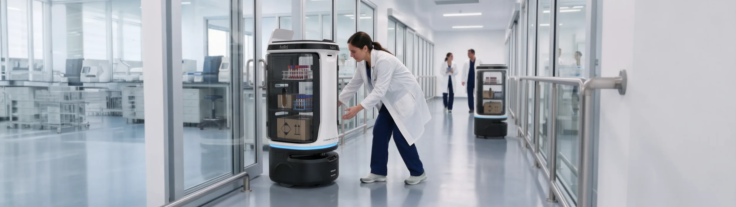 清潔でモダンな空間の病院待合室で、ロボットやクマ型のロボットが様々な作業を行っている。