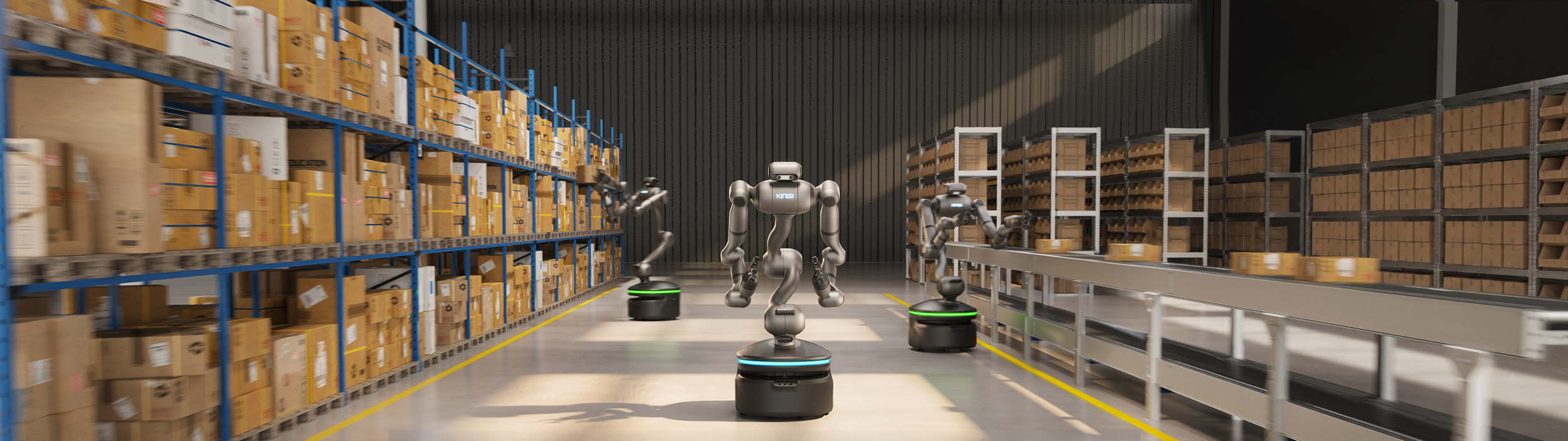 KINISI humanoid robot working alongside Bear Robotics autonomous robots in a warehouse aisle