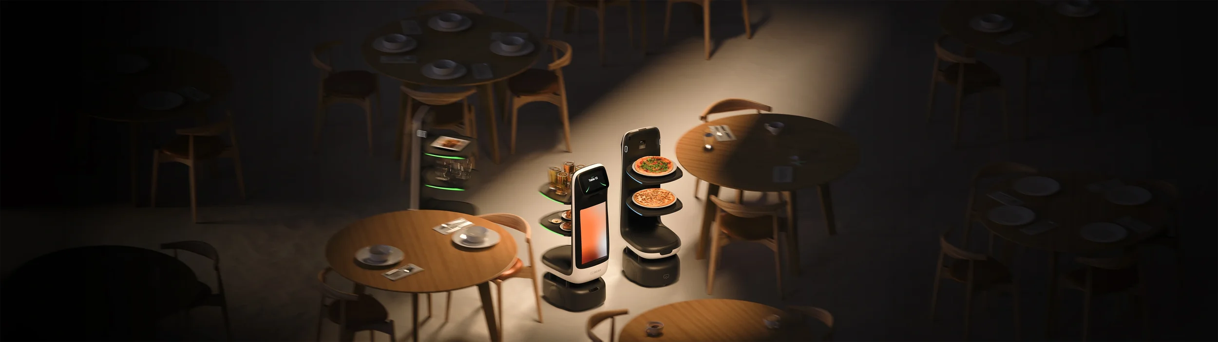 Servi Q compact serving robot delivering food to a restaurant table