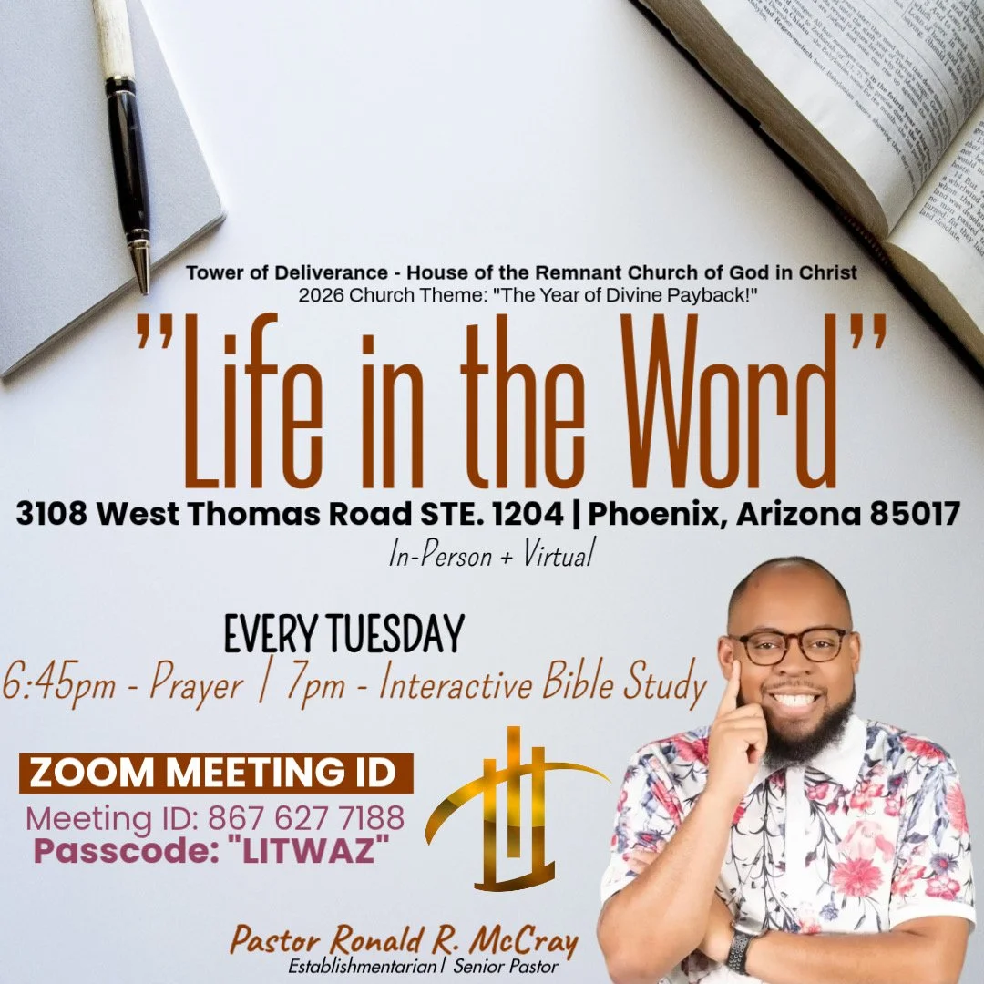 Promotional poster featuring Pastor Ronald R. McCray advertising his virtual and in-person church service titled 'Life in the Word' every Tuesday evening. The poster includes details for prayer at 6:45 PM, Bible study at 7 PM, and Zoom meeting information with Meeting ID 867 627 7188 and Passcode LITWAZ. The background has a blurred indoor setting, and the poster shows Pastor McCray smiling, seated at a desk with a laptop and open book.