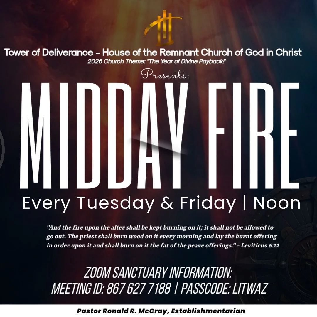 Flyer for a virtual mid-day fire prayer event at the Tower of Deliverance, House of the Remnant, with a smiling man in glasses and a brown shirt. Includes details about Zoom access, dates, prayer messages, and a QR code.