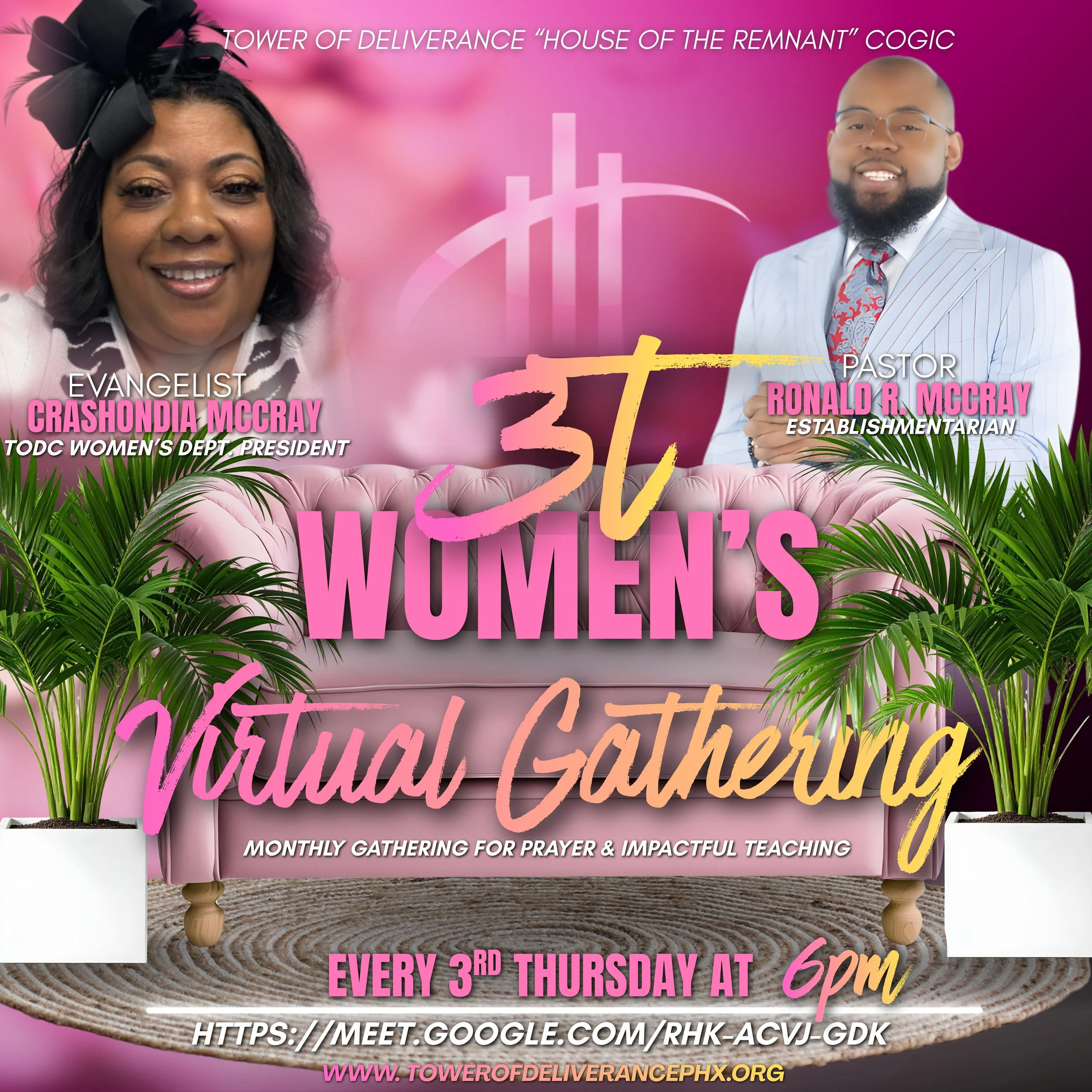 Pink promotional flyer for the 3T Women’s Virtual Gathering featuring Evangelist Crashondia McCray and Pastor Ronald R. McCray, with event details and contact information.
