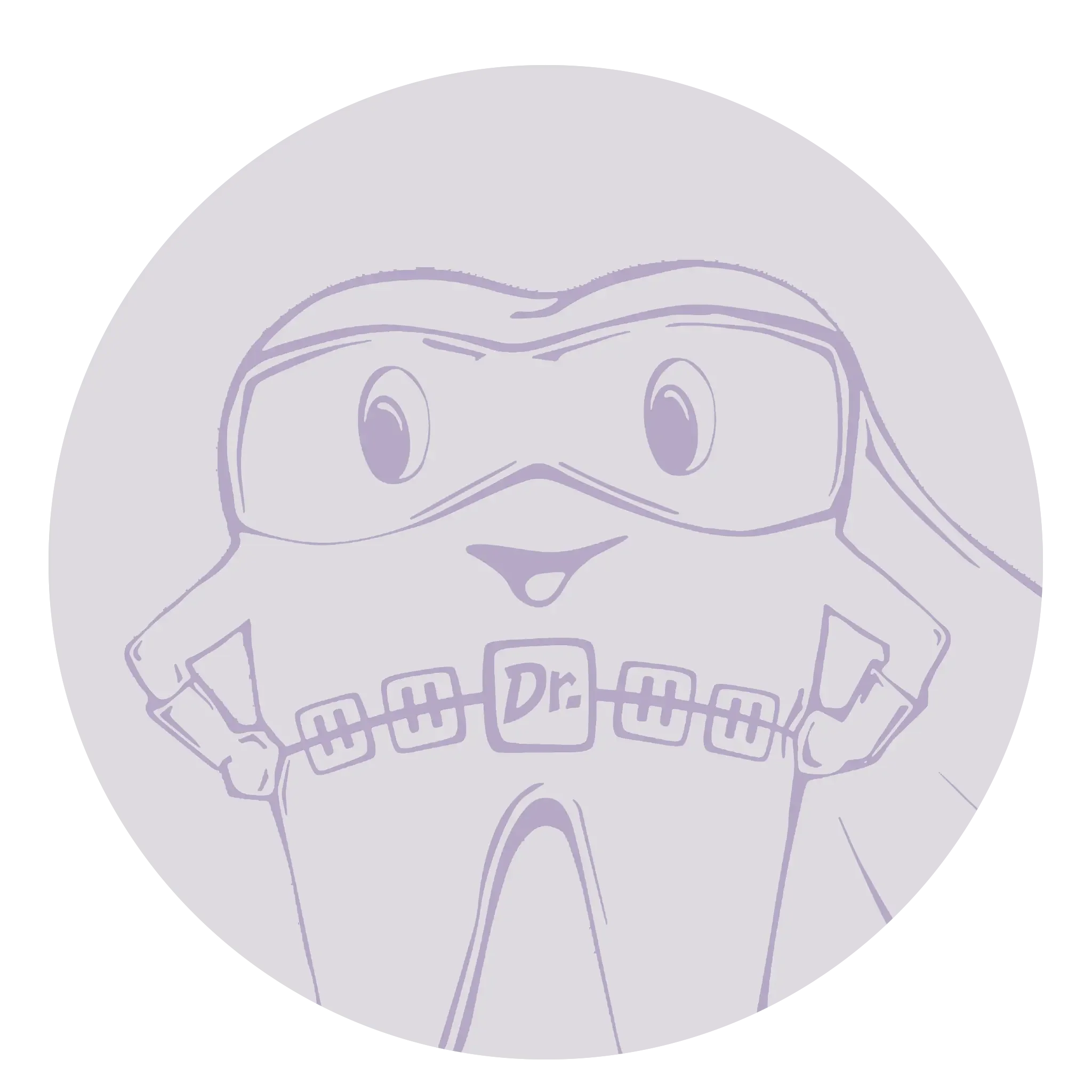 Zeichnung eines kleinen Charakters mit einer Superheldenmaske, einem Anzug mit einem Gürtel, auf dem 'Dr.' steht, und einer Pose mit den Händen an den Hüften.