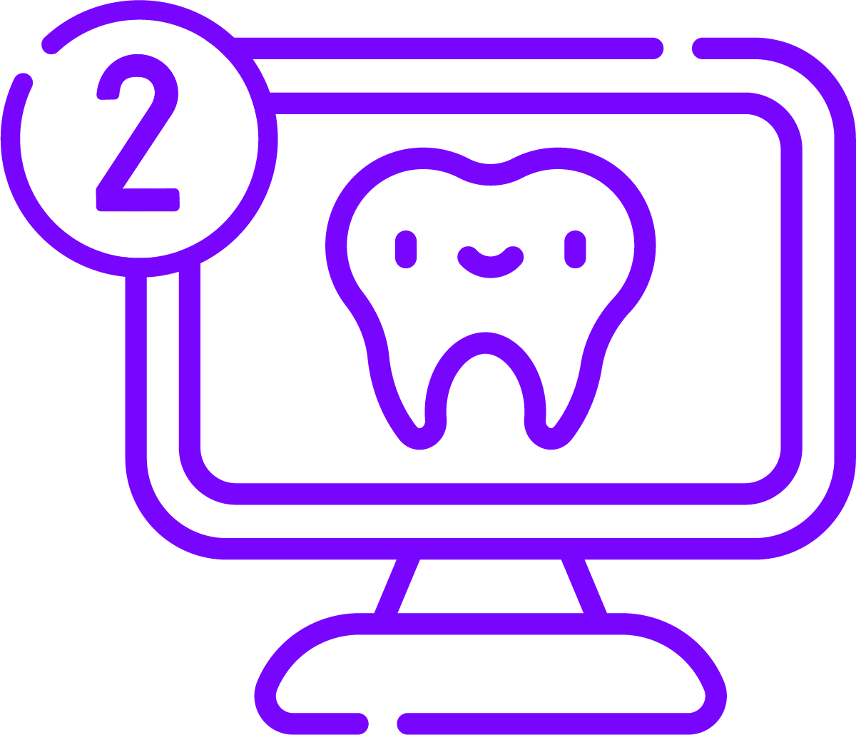 Icon Bildschirm mit Zahn und Zahl 2 – Symbol für digitale Unterlagen wie 3D-Scan, Röntgen und Fotos.