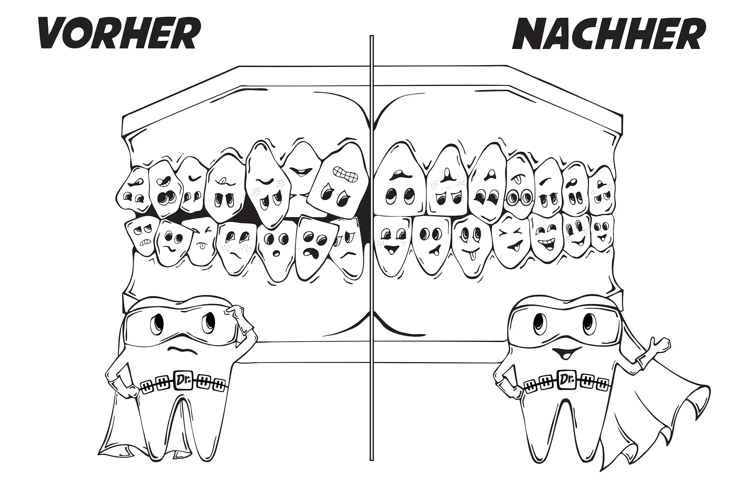 Illustration Vorher-Nachher-Vergleich einer Zahnstellung – comicartig erklärt für Kinder.