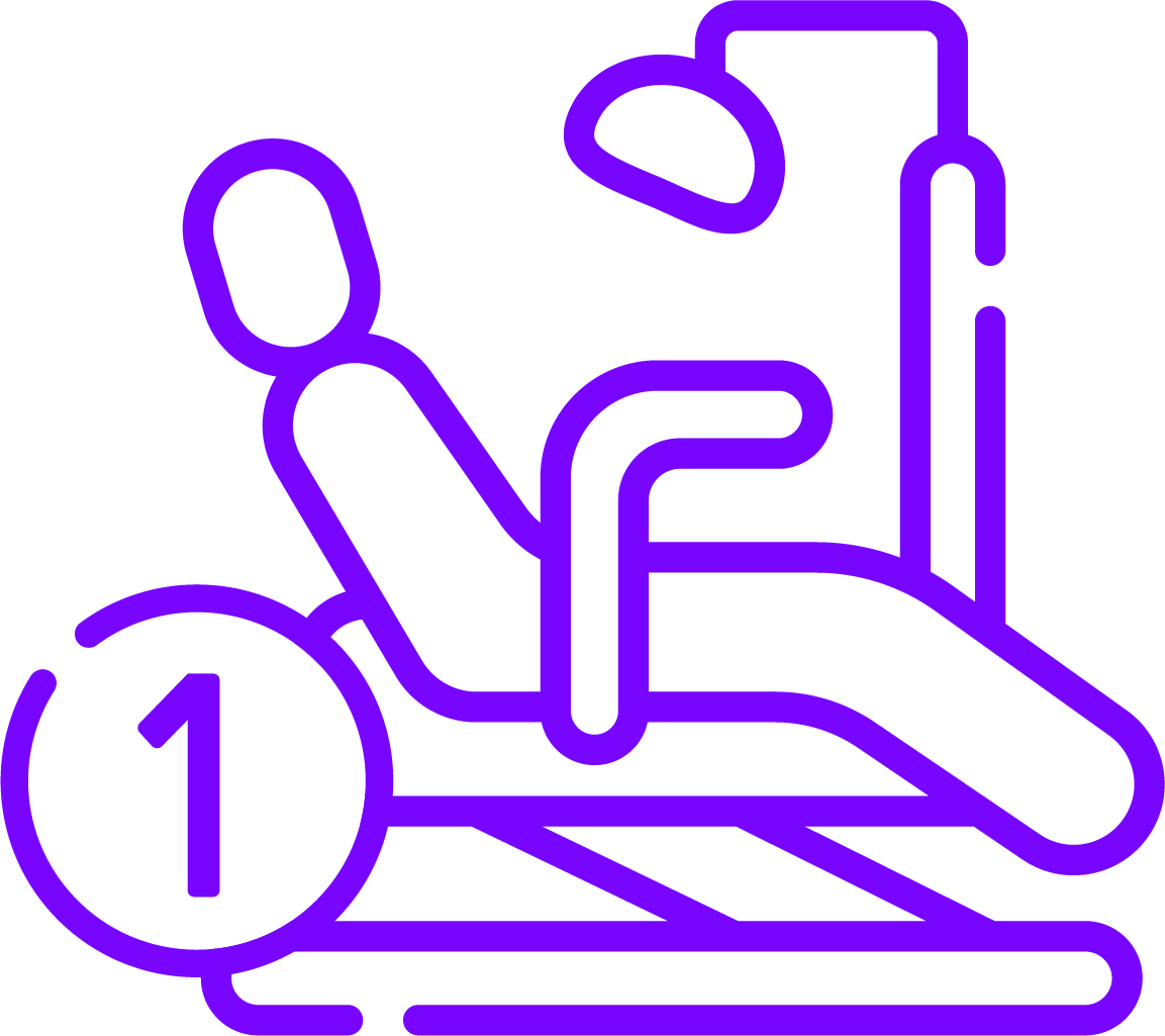 Icon Zahnarztstuhl mit Zahl 1 – Symbol für die Erstuntersuchung in der Kieferorthopädie bei Dr. Tooth.