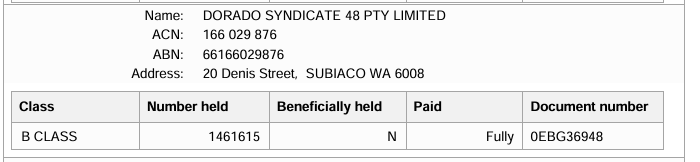 A business document showing company details, including name, ACN, ABN, and address, along with a table listing class, number held, beneficial hold, payment status, and document number.