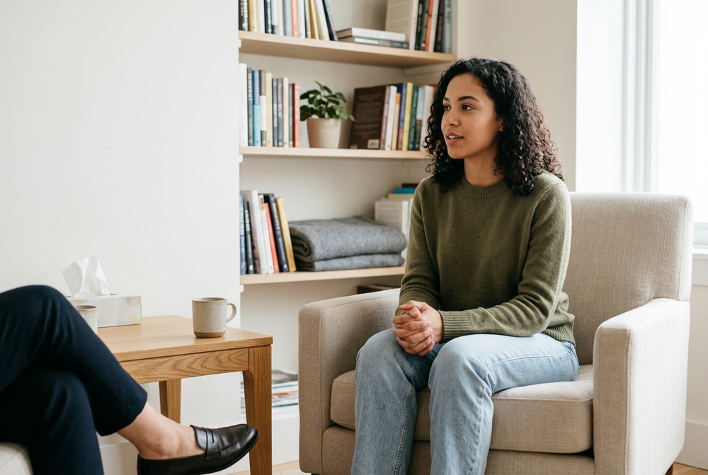 A client sitting comfortably in a calm therapy room
