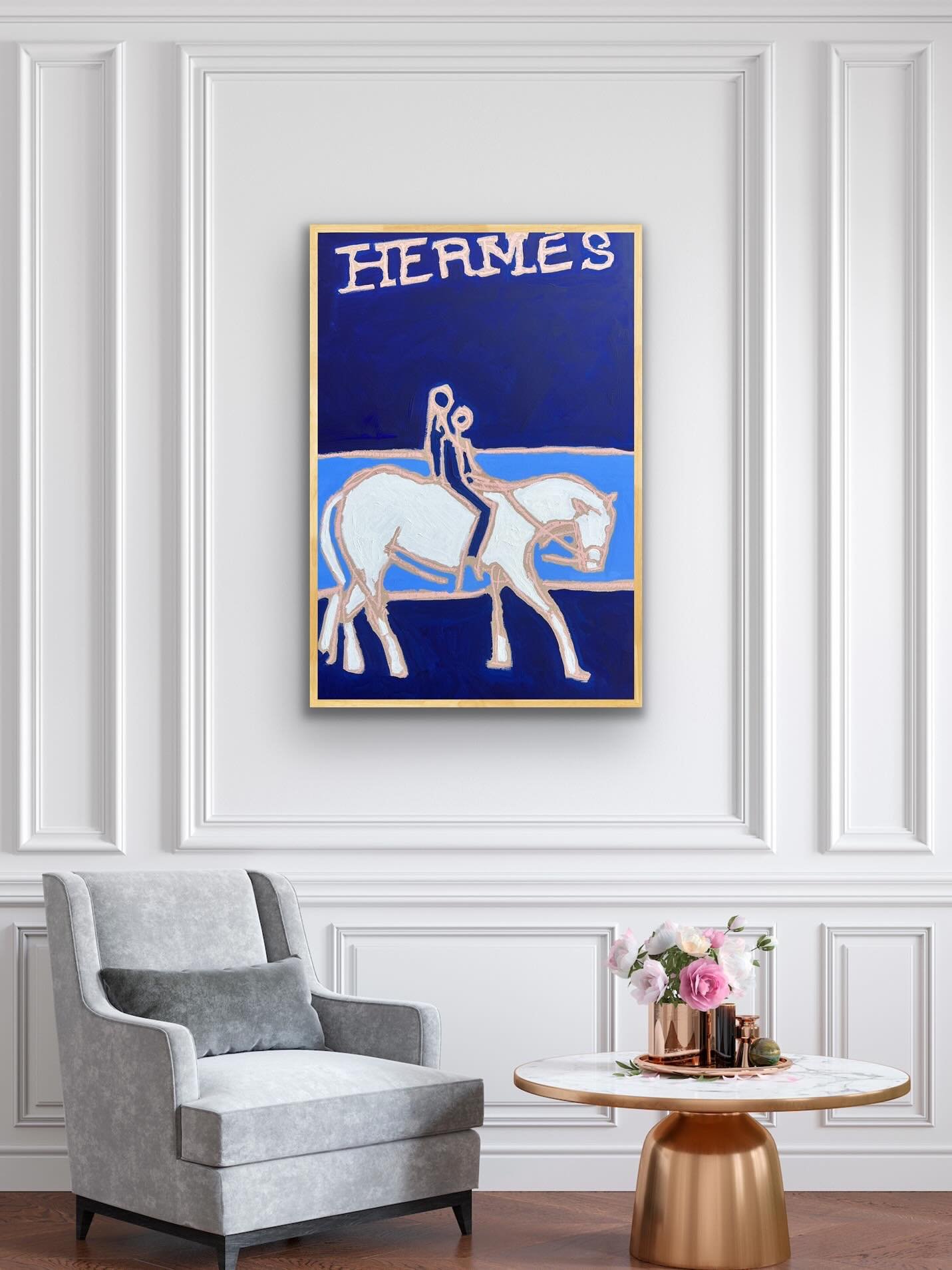 Herm&egrave;s

Acrylic &amp; oil stick on wood board, framed in Tasmanian hardwood.

60cm x 90cm 

Image description: ultramarine blue background with a white horse and two figures painted in pastel pink oil stick.

#ContemporaryArt #ModernPainting #