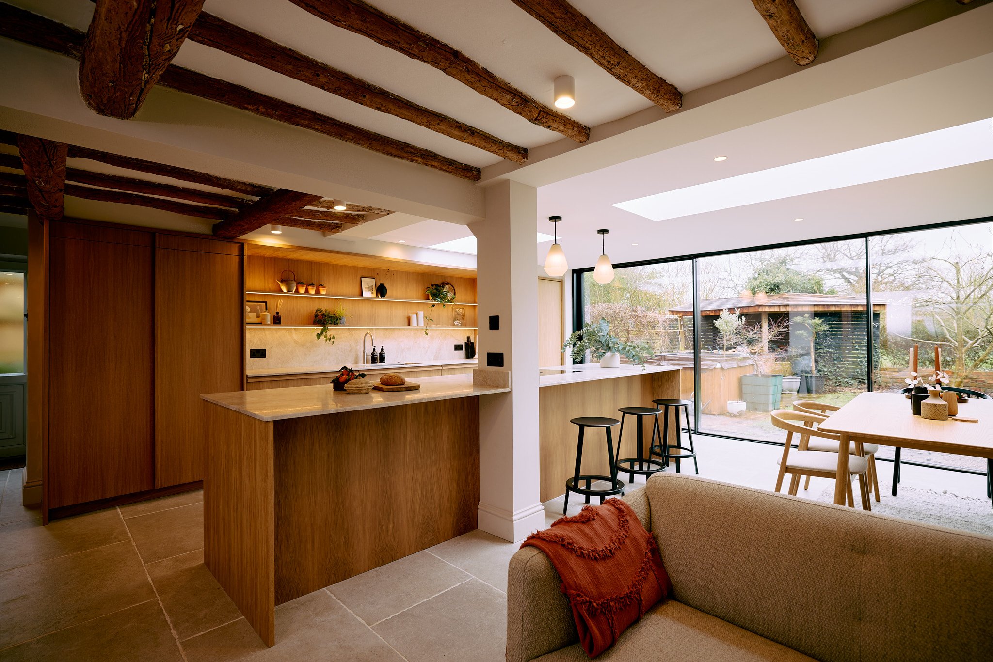 Bespoke oak kitchen within extension designed to connect seamlessly to the wider home in Farnsfield
